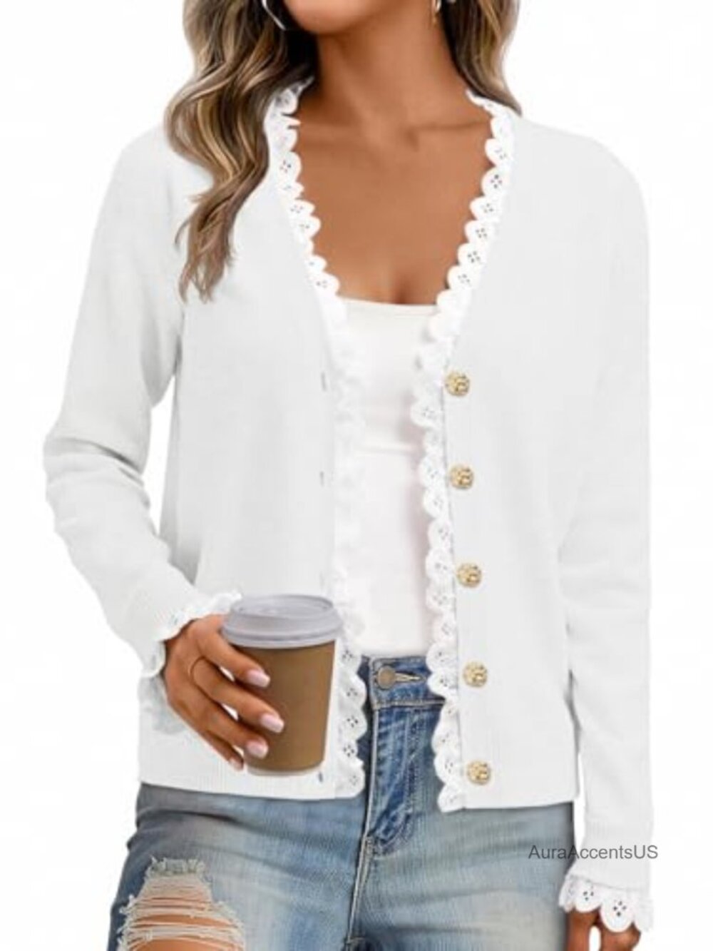 Women's Lace Trim V-Neck Cardigan Sweater Lightweight Knit Open Front Button